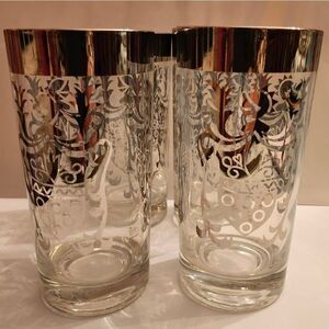 Vintage Pristine 1960s  Silver Banded/Shield  Set of 4 Highball Glasses